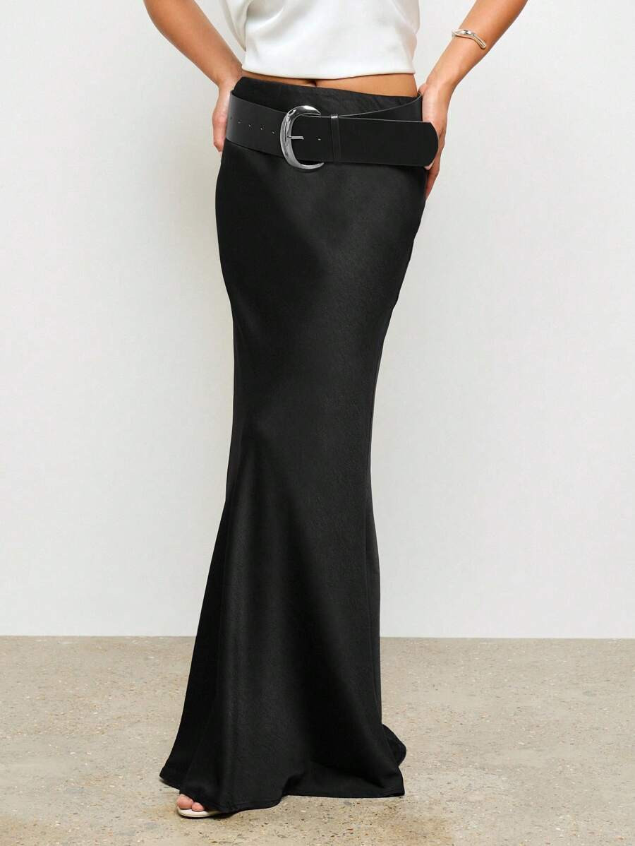 AiiRZ Elegant Satin Maxi Skirt With Wide Belt Floor Length Evening Formal Fall Winter Skirt High ... | SHEIN