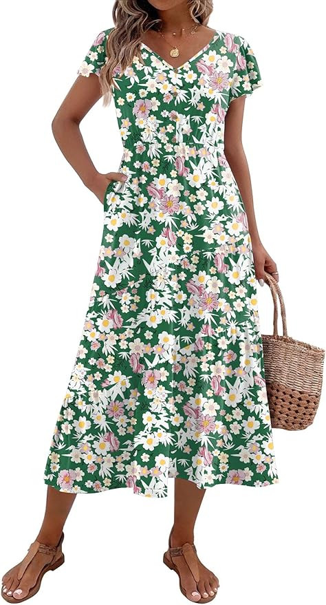 Zeagoo Women's Summer Casual Dress Flutter Short Sleeve V Neck Button Down Tiered Flowy Long Dres... | Amazon (US)