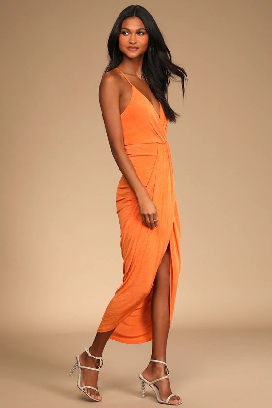 Dreamy Date Orange Surplice Midi Dress | Lulus (US)