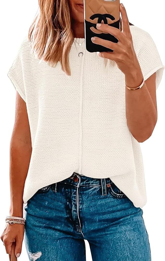 Women Short Sleeve Sweater Tops Spring 2024 Sleeveless Sweater Vest Casual Knit Cap Sleeve Sweate... | Amazon (US)