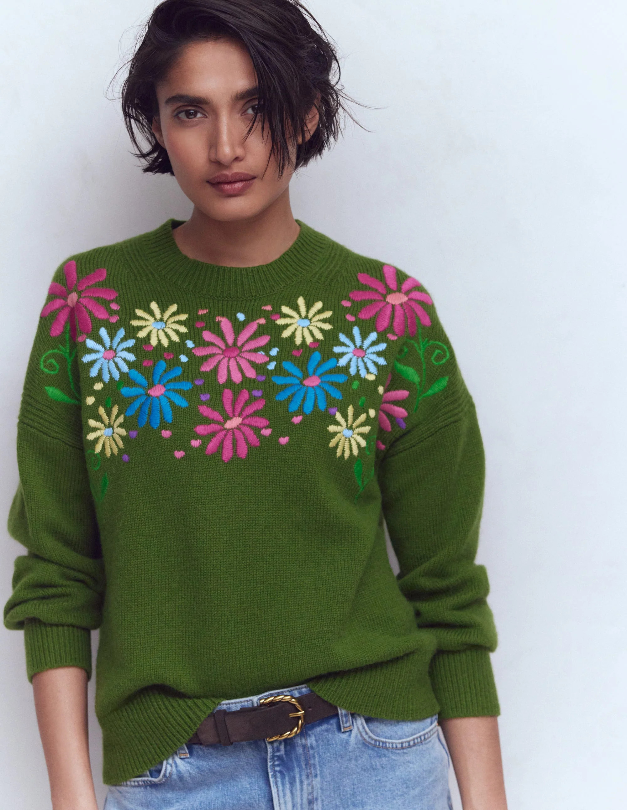 Isa Embroidered Sweater-Herb Garden, Green Flowers | Boden (US)