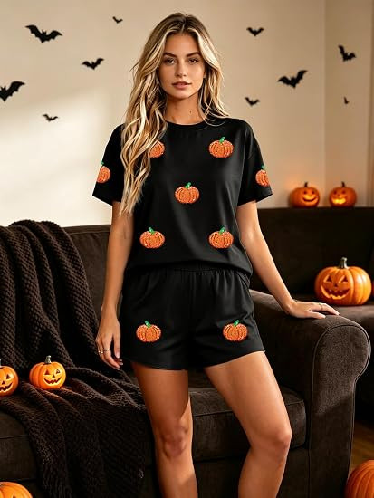 This pumpkin-print set is such an easy cute Halloween outfit for home. 🎃 The black tee and shorts with little orange pumpkins give it a simple spooky-season look without feeling costume-y. Perfect for lounging, sipping pumpkin coffee, watching Halloween movies, decorating, or a casual October night in.Amazon Halloween pajamas, Halloween pajamas women, Halloween PJs, spooky season pajamas, ghost pajamas, pumpkin pajamas, matching couples Halloween pajamas, Halloween loungewear, cute Halloween pajamas, Halloween outfit ideas, October outfits, fall pajamas, Halloween movie night outfit, cozy spooky season outfit
#PumpkinPajamas #HalloweenPJs #AmazonHalloween #HalloweenPajamasWomen #SpookySeason #PumpkinSeason #HalloweenLoungewear #OctoberOutfits #FallPajamas #AmazonFashionFinds #HalloweenStyle #CozyOutfit 

 #LTKSeasonal #LTKU #LTKSaleAlert