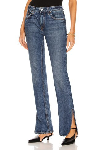 GRLFRND Hailey Low Rise Slim Boot in Denim-Medium | FWRD 