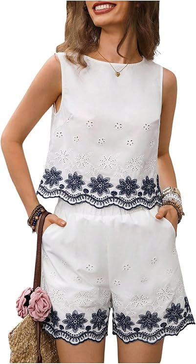 SweatyRocks Women's Boho Eyelet Summer 2 Piece Outfits Embroidery Tank Top and Shorts Sets | Amazon (US)