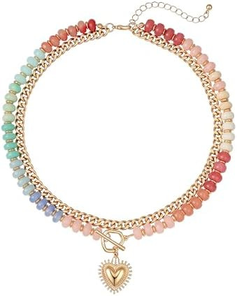 Layered Necklaces for Women, 14K Gold Plated Heart Pendant & Colorful Acrylic Beaded Choker, Cute... | Amazon (US)