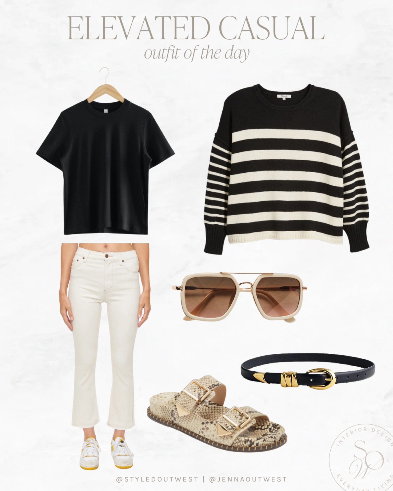 Basic black tee (runs a tad big)
Striped knit sweater (TTS)
Snakeskin sandals (TTS)
Belt comes in other colors! 

#LTKOver40 #LTKStyleTip #LTKFindsUnder100