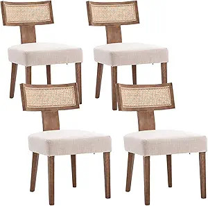 Rattan Farmhouse Dining Chair Set of 4, Linen Upholstered Cane Dining Chair with Curved Backrest ... | Amazon (US)