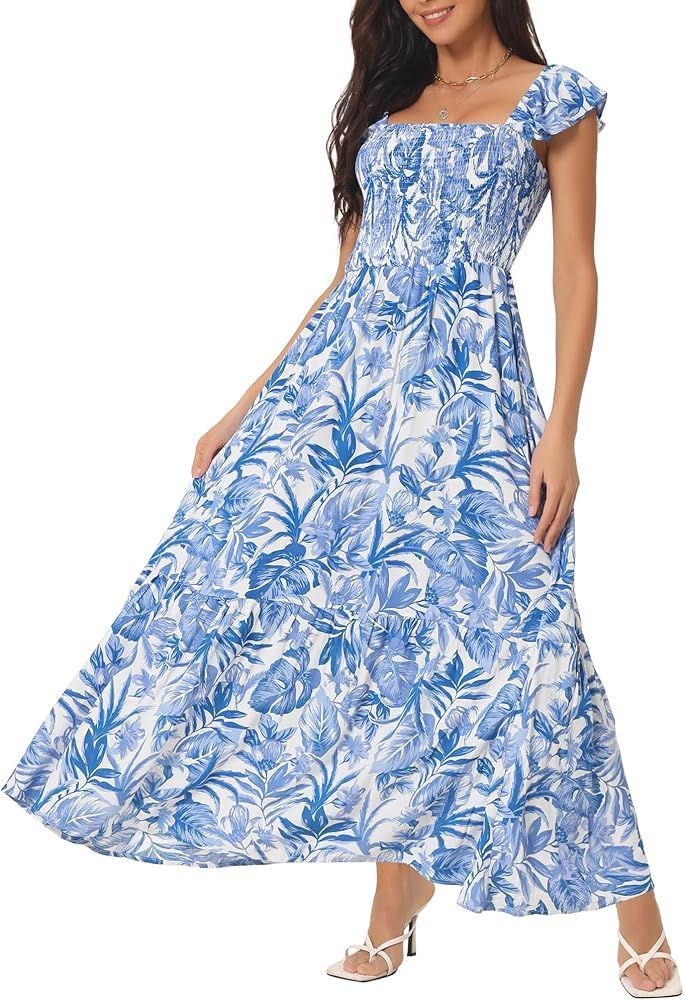 Women's Summer Smocked Boho Dresses Square Neck Ruffle Sleeve Floral Flowy Maxi Sundress with Poc... | Amazon (US)