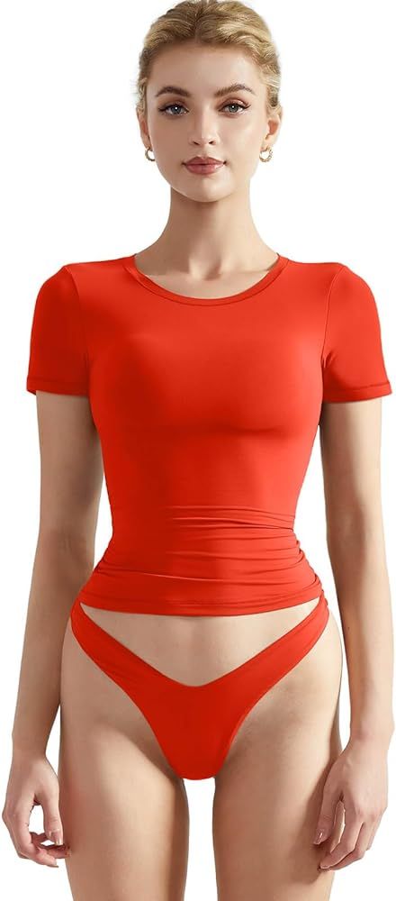 SUUKSESS Women Double Lined Fitted Basic Tee Crew Neck Short Sleeve Y2K Crop Top | Amazon (US)