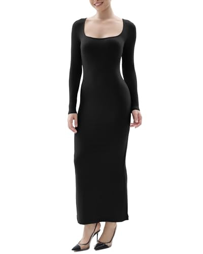 SHAPERX Women's Long Sleeve Dress Soft Lounge Ribbed Square Neck Bodycon Maxi Dresses, SZ5280-Black-L | Amazon (US)