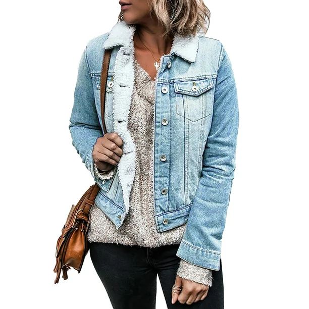 SpringTTC Women Button Down Fleece Lined Basic Denim Jacket Coat with Pockets - Walmart.com | Walmart (US)