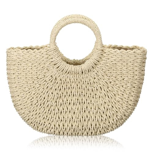 Frienda Straw Tote Bag Summer Beach Bag Handmade Straw Rattan Woven Handbag for Women Travel (12.6 x 2.36 x 8.66 Inch,Beige) | Amazon (US)