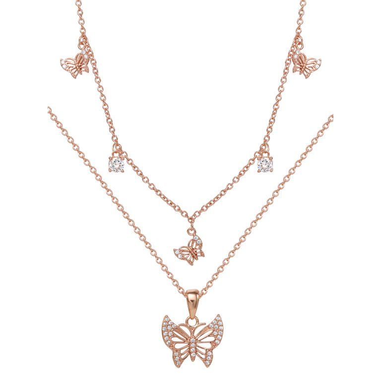 Believe by Brilliance Brass Pink Gold Plated Cubic Zirconia Layered Butterfly Necklace Set | Walmart (US)