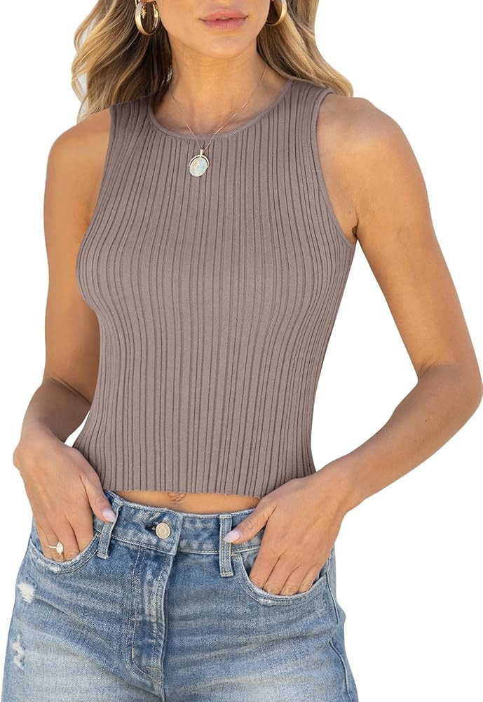 ANRABESS Womens Summer Sleeveless Ribbed Knit Stretchy Tank Sweater Lightweight Shirt Crop Tops 2... | Amazon (US)