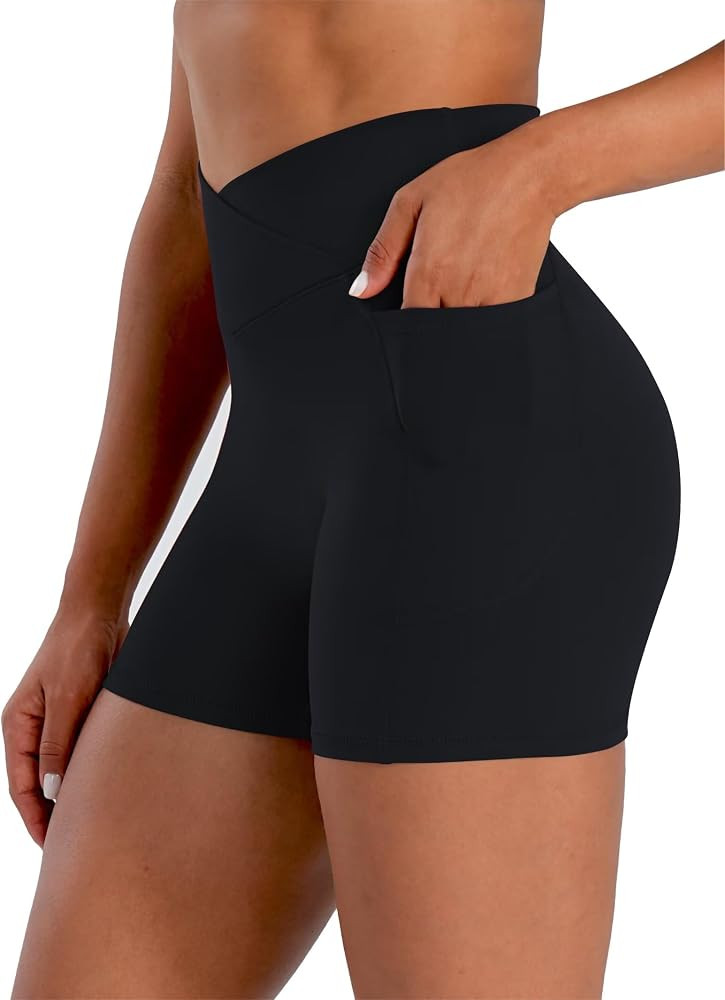 Sunzel Hidden Butt Lifting Scrunch Biker Shorts Women with Pockets Crossover High Waist Yoga Gym ... | Amazon (US)