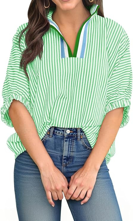 Tankaneo Womens V Neck Striped Blouse Oversized Dolman Sleeve Tops Summer Casual Loose Fit Polo S... | Amazon (US)