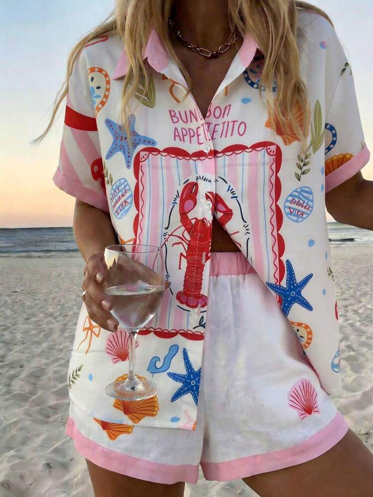 Vaclyn Women's Letter & Lobster Print Button-Up Top And Shorts Casual Outfit | SHEIN