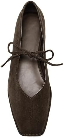 Lace Up Square Toe Ballet Flats for Women Cute Bow Slip On Mary Jane Flats Casual Ballerina Shoes | Amazon (US)