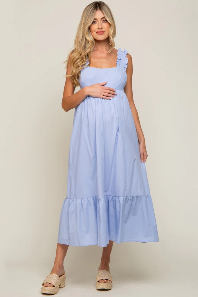 Light Blue Ruffle Accent Back Tie Maternity Midi Dress | PinkBlush Maternity