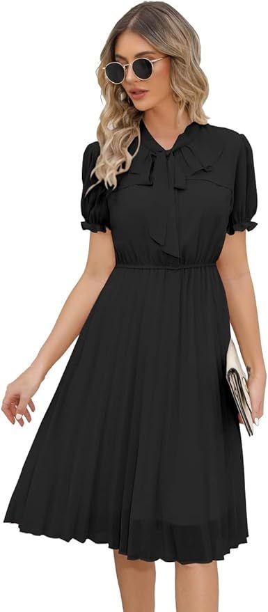 HAOKEKE Work Dresses for Women 2023 Long Sleeves Chiffon Black Dress Retro Pleated Buttons Down B... | Amazon (US)