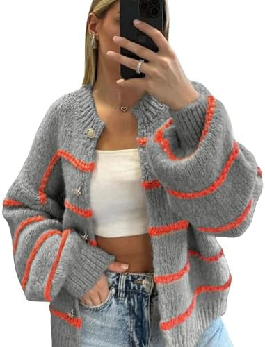 QIBABU Womens Striped Cardigan Sweaters Casual Open Front Long Sleeve Button Down Knit Outwear | Amazon (US)