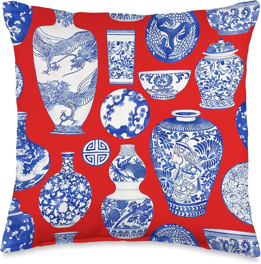 Blue Willow Style French Japanese Chinoiserie Ginger Jar Red Throw Pillow | Amazon (US)
