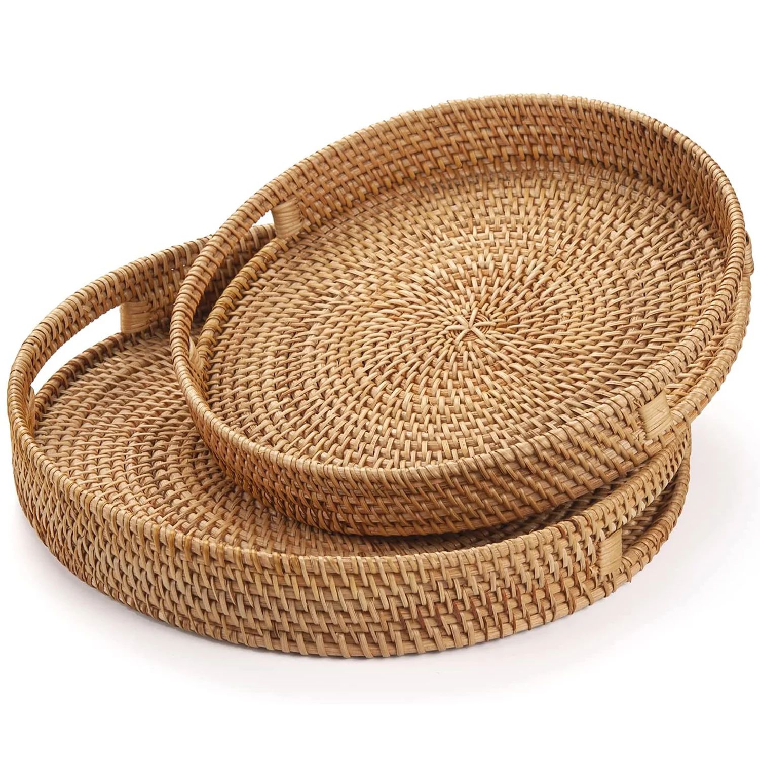 Fokelyi Rattan Serving Tray, Set of 2 Round Natural Colored Water Hyacinth Woven Tray with Handle... | Walmart (US)