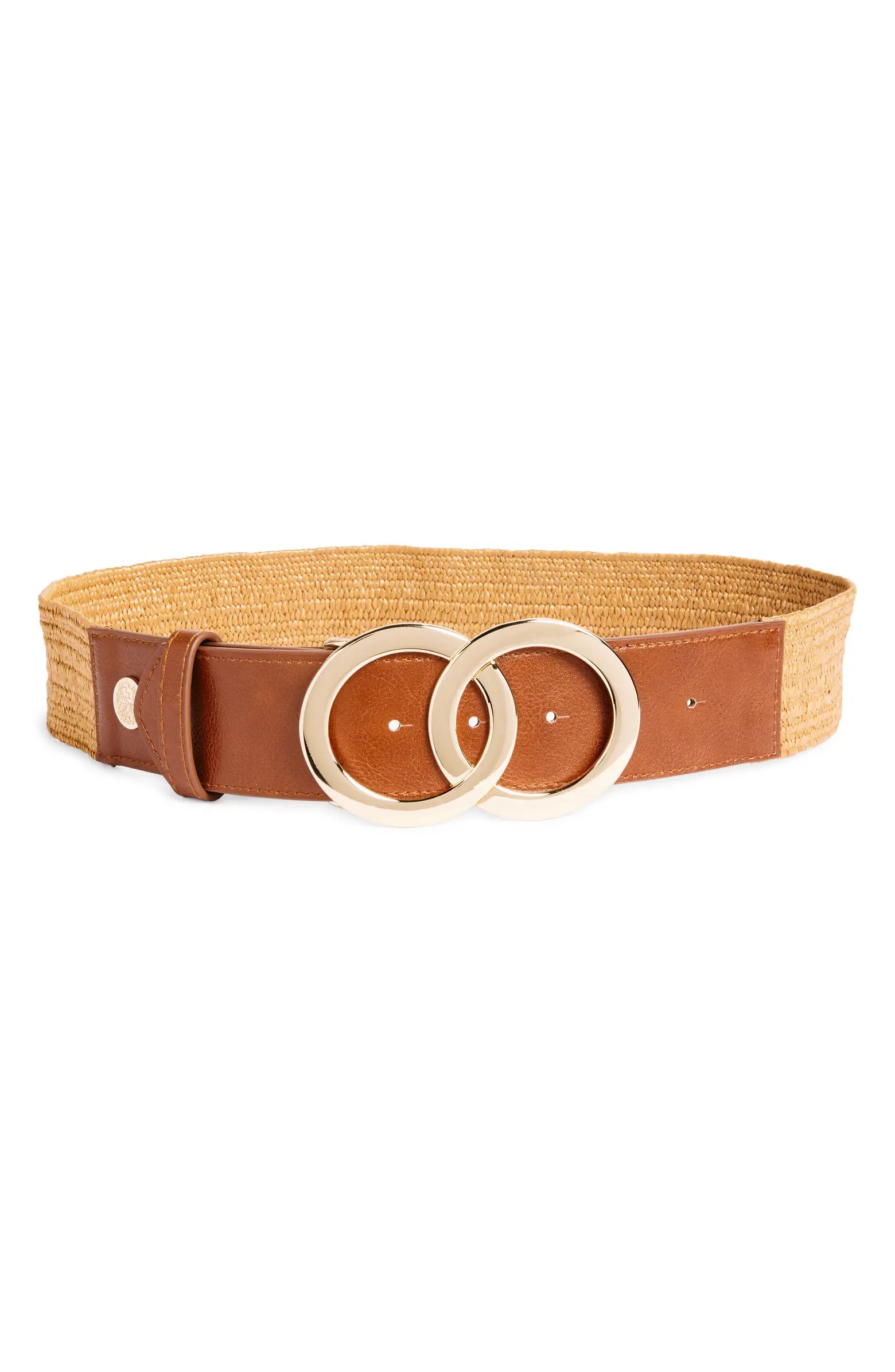 Vince Camuto Double O-Ring Stretch Raffia & Faux Leather Belt | Nordstromrack | Nordstrom Rack