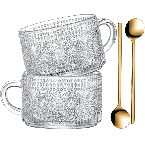 Gezzeny Vintage Coffee Mugs,14 Oz Set of 2 Clear Embossed Glass Coffee Cups for Cappuccino,Tea, Latte, Cereal, Yogurt, Beverage | Amazon (US)