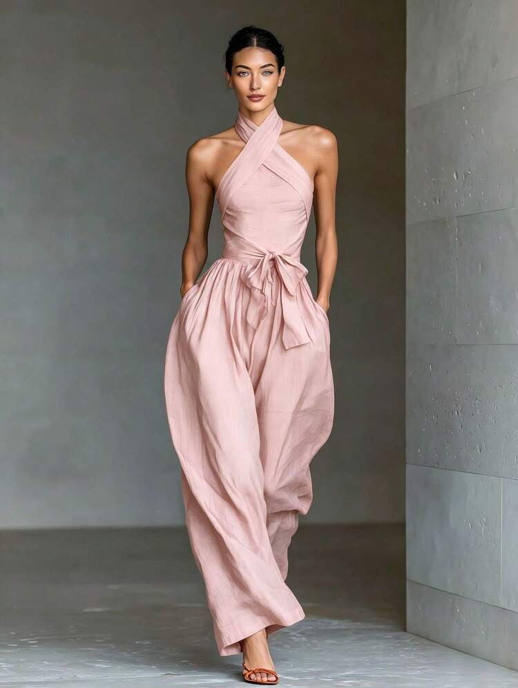 2026 Hot-Selling New Women’s Lace-Up Linen Fabric Cross-Strap Wide-Leg Jumpsuit | SHEIN