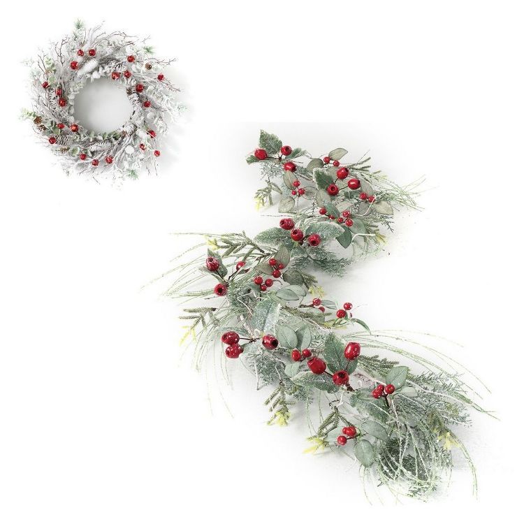 Sullivans Artificial Iced Pine 24"H Wreath and 5'6"L Garland Set, White | Target