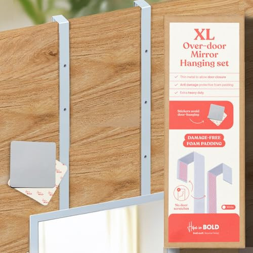 Home in Bold Set of 2 XL Mirror Brackets Over-The-Door Mirror Hanger + Sticker:Hang MIROR Low Hanger Set with Anti-Scratch Lining | 20'' Over The Door Hooks for Adjustable Height (Extra Long) | Amazon (US)