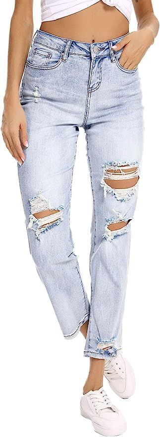 Resfeber Women's Ripped Boyfriend Jeans Stretch Distressed Jeans Straight Crop Jean with Holes | Amazon (US)