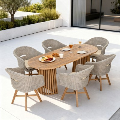 Christopher Knight Home Artemis 7 Piece Modern Outdoor Acacia Wood Dining Set with 6 Rattan Chairs and Cushions, Gray Ash/Brown | Target