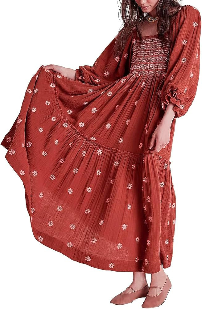 Willow Dance Women Casual Bohemian Floral Dress Square Neck Ruffle Swing A Line Long Sleeve Beach... | Amazon (US)