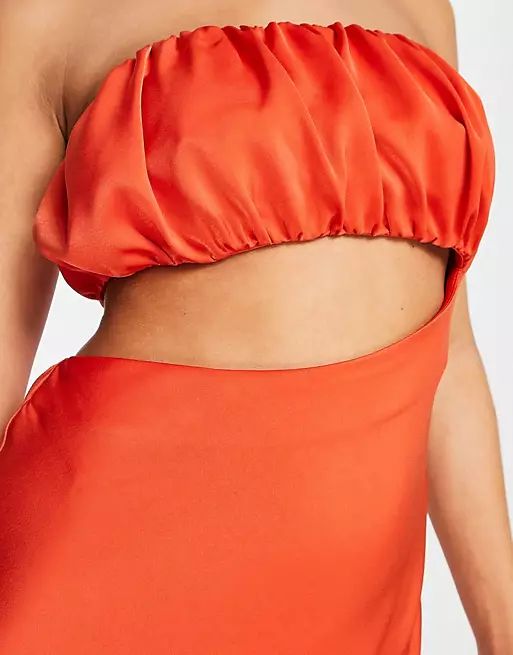 ASOS DESIGN satin ruched bust maxi dress with asymmetric cut out in hot orange | ASOS (Global)