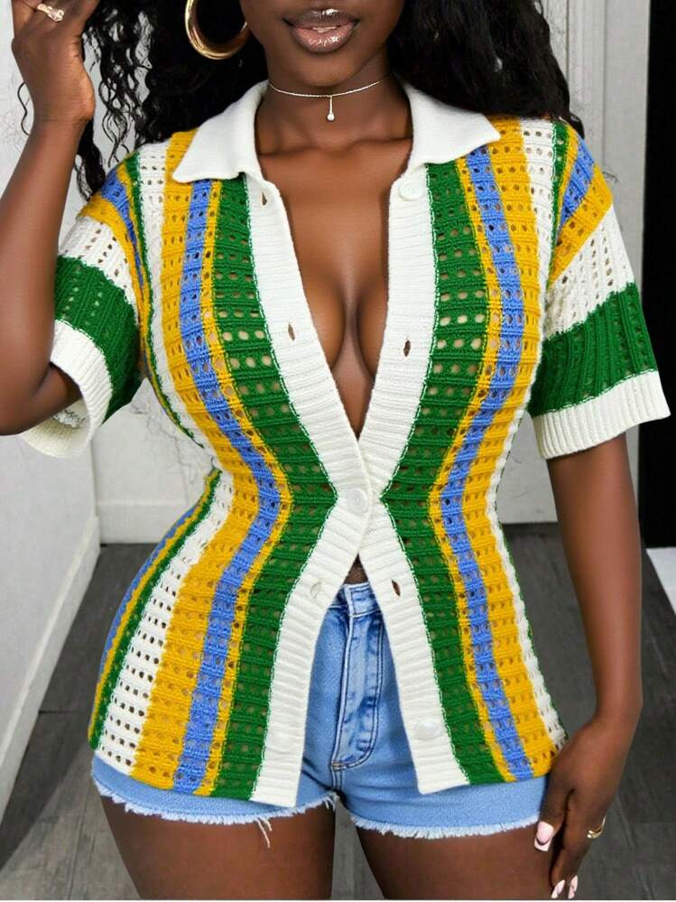 BamGleam Women's Knitted Cardigan Cardigan Half Sleeved Women's Top Button Semi Transparent Color Regular Style Sexy Party Vacation Spring/Summer Style | SHEIN