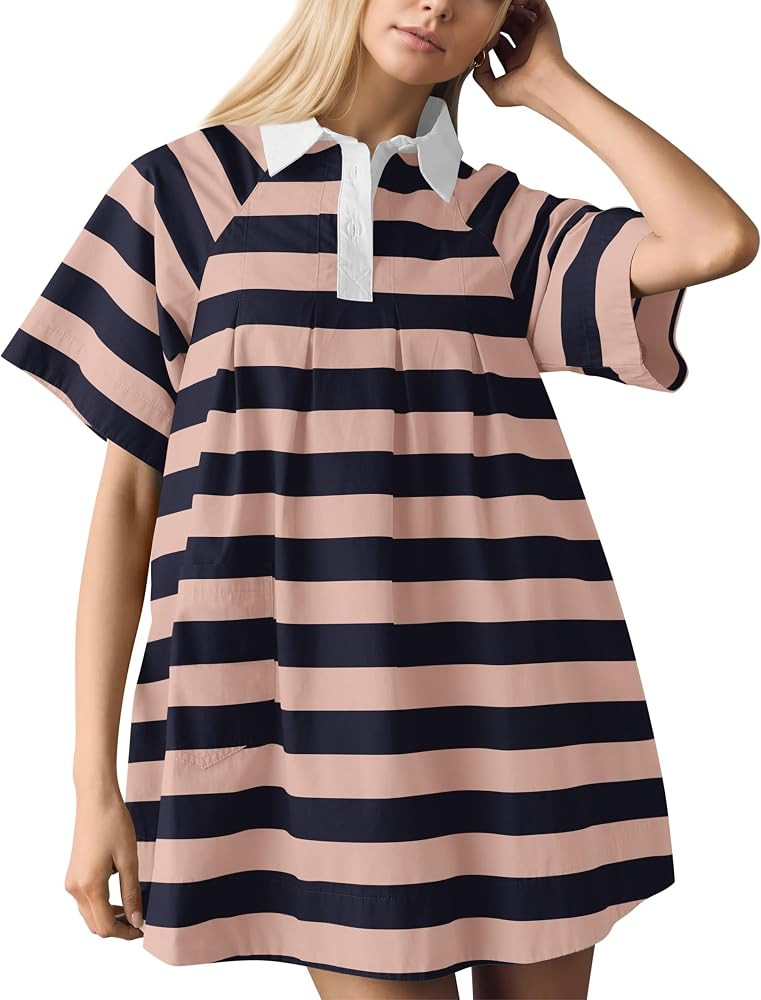 Meladyan Women's Striped Polo Dress Lapel Mini Dresses Cute Stripes Pleated Shirt Dress Summer Be... | Amazon (US)