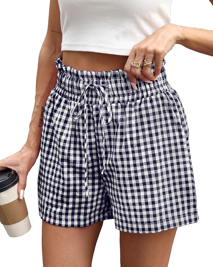 Womens Ruffle Waist Boxer Cotton Pajama Shorts with Pockets Lounge Sleep Beach Summer Casual Ging... | Amazon (US)