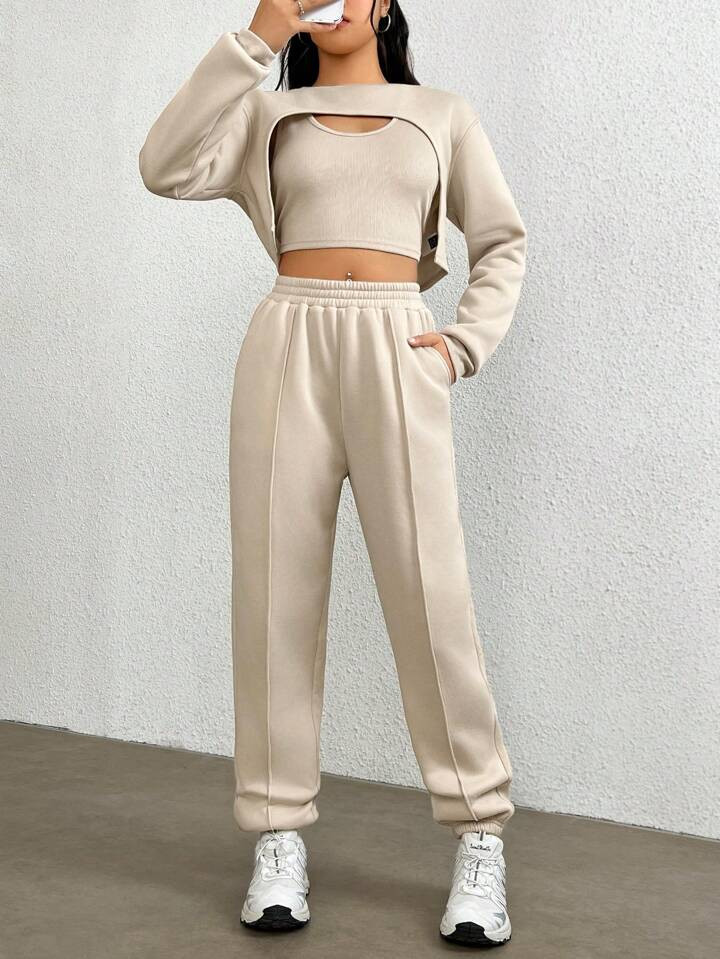 SHEIN EZwear Solid Tank Top & Super Crop Pullover & Sweatpants | SHEIN