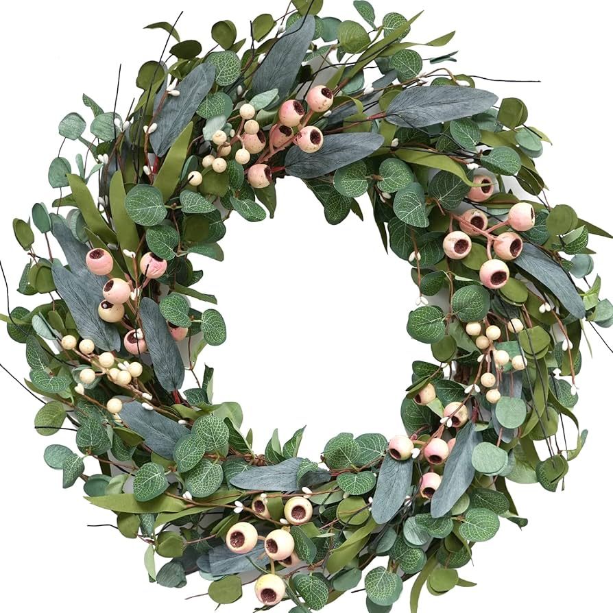 Bibelot 20inch Artificial Eucalyptus Wreath Green Leaves Wreath White Berry Big Berries Wreath fo... | Amazon (US)