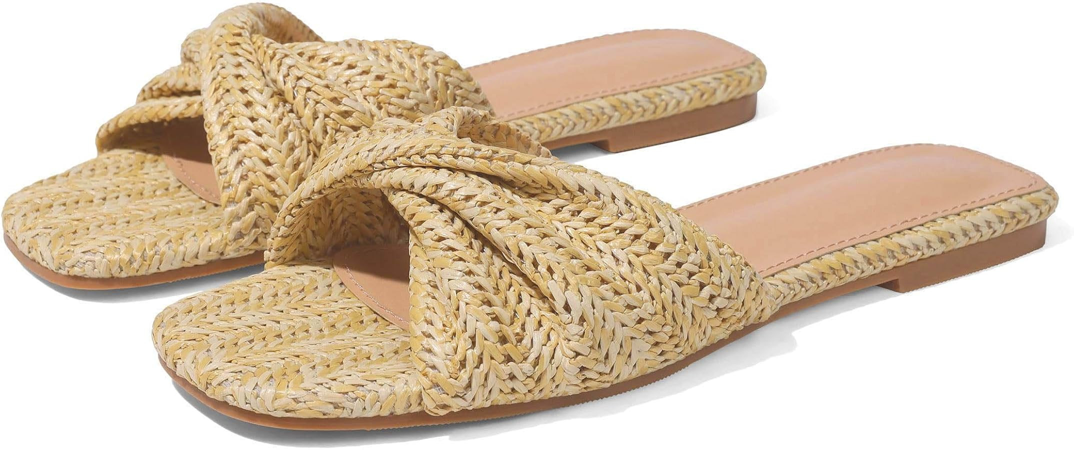 EQAUDES Raffia Flat Sandals for Women Straw Woven Braided Twist Slip On Slides - Summer, Open Toe... | Amazon (US)