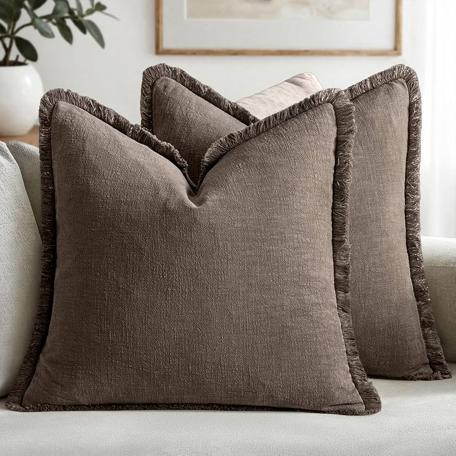 MIULEE Boho Linen Fringe Decorative Fall Throw Pillow Covers Coffee 20x20 | Amazon (US)