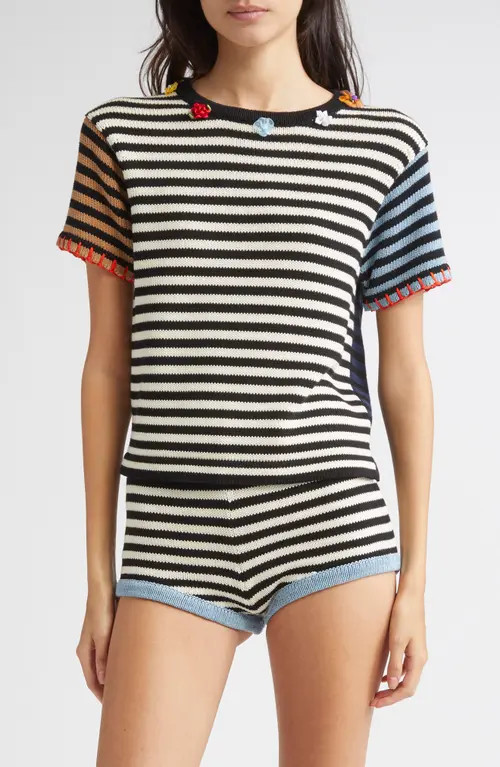 YanYan Bao Embellished Colorblock Stripe Cotton Crewneck T-Shirt in Black/White at Nordstrom, Size Large | Nordstrom