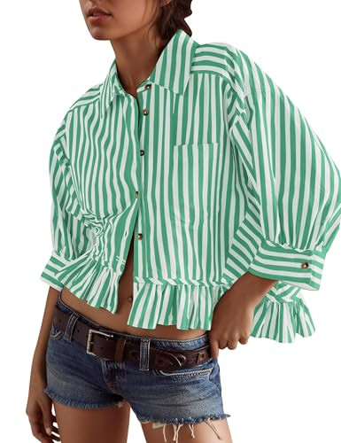 HOCANDY Womens Work Button Down Blouse Striped 3/4 Sleeve Button Up Shirt Casual Loose Ruffle Hem Collared Blouses Tops Green | Amazon (US)