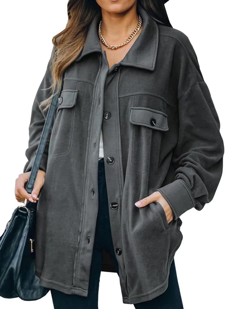 FARYSAYS Womens Button Down Shirts Shacket Jackets Mid Length Trench Pea Coat | Amazon (US)
