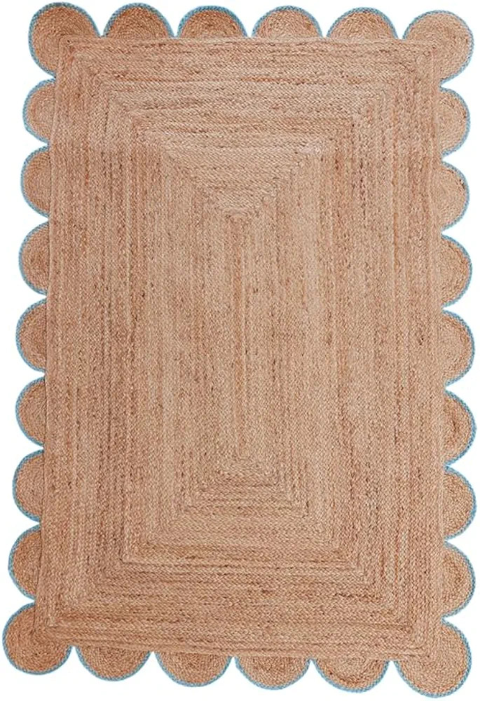 Boho Jute Area Rug – 2'x3' Feet– Handcrafted Sky Blue Scalloped Border Rug | Natural Jute Fib... | Amazon (US)