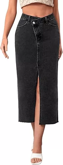  SweatyRocks Women's Casual High Waist Denim Skirt Split Hem Raw  Trim Midi Jean Skirts Light Wash XS : Clothing, Shoes & Jewelry