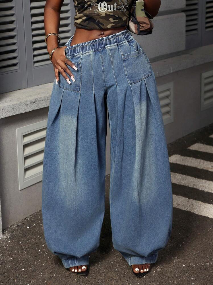 Slaydiva Women's Casual Washed Pleated Wide-Leg Jeans | SHEIN