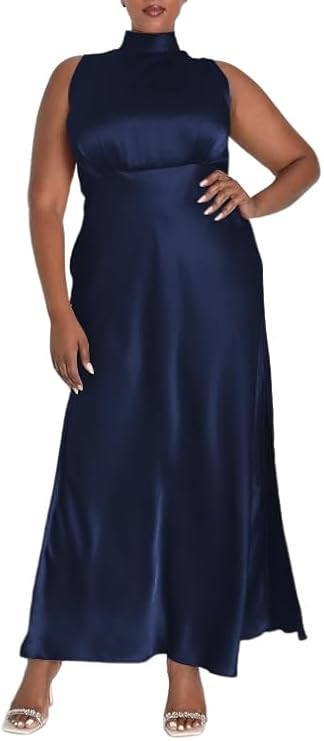 Summer Plus Size Mock Neck Satin Maxi Formal Dress for Women 2024 Elegant Sleeveless Silk Dresses... | Amazon (US)